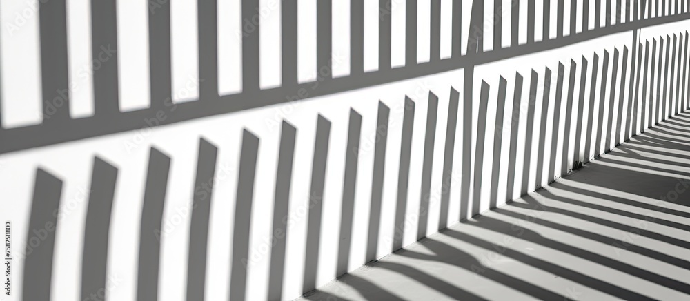 Poster a blackandwhite art photo of a wooden fence grille casting a shadow on the ground, creating a mesmer
