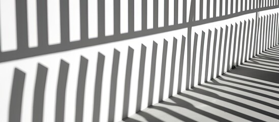A blackandwhite art photo of a wooden fence grille casting a shadow on the ground, creating a mesmerizing pattern with parallel lines and a building facade in the background