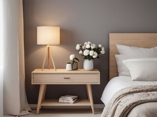 Nightstand with lamp and flowers in the bedroom. Home interior in Scandinavian style