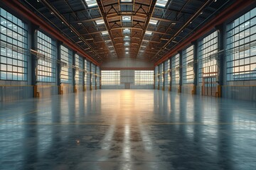 3d rendering of an empty warehouse with a lot of windows. 3d rendering of large hangar building and concrete floor and open shutter door in perspective view for background, AI Generated See Less - obrazy, fototapety, plakaty