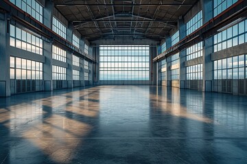 3d rendering of an empty warehouse with a lot of windows. 3d rendering of large hangar building and concrete floor and open shutter door in perspective view for background, AI Generated See Less - Powered by Adobe