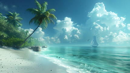 This serene beach landscape with a sailboat and palm trees encapsulates the essence of a tranquil getaway
