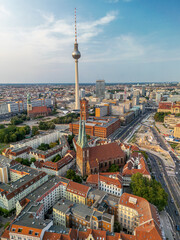 The drone aerial view of the television tower （Fernsehturm） and old town of Berlin, Germany. © yujie