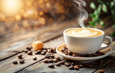 A steaming cup of latte art coffee resting on a wooden surface, surrounded by coffee beans and burlap, evoking a warm, cozy atmosphere