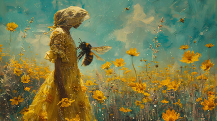 An artistic interpretation of a young girl in yellow amidst flowers with a bee encapsulates youth and growth