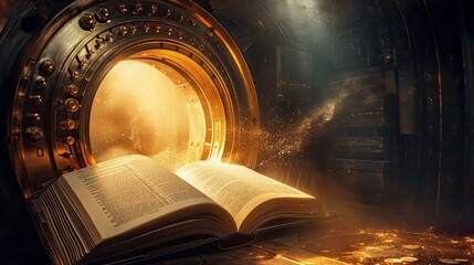 Open book with glowing pages in the dark. Open book with magic light coming out of the wooden safe.  Vintage bank vault and an open book, where the pages unravel into a vast, intricate network.