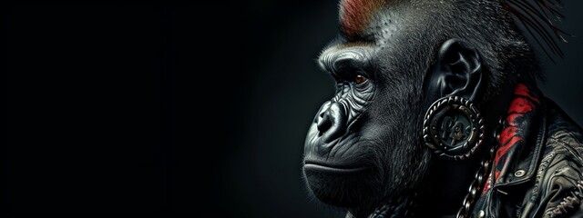 a gorilla with a leather jacket - obrazy, fototapety, plakaty