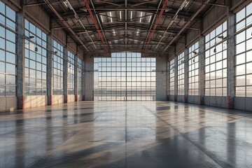 3d rendering of an empty warehouse with a lot of windows. 3d rendering of large hangar building and...