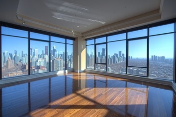 a living room with hardwood flooring and large windows looking out onto the cityscapeatrooms com