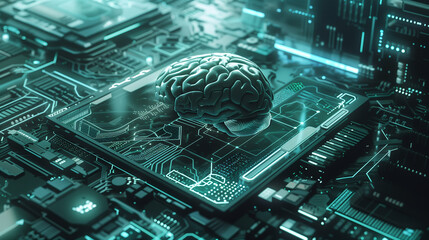 Artificial Intelligence: A computer circuit board is shown with a human brain superimposed on it, symbolizing the fusion of technology and organic intelligence. - obrazy, fototapety, plakaty