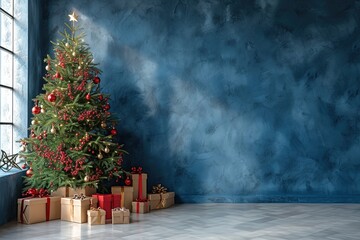 A large blue wall with a decorated christmas tree and gifts on one side is providing lots of negative space as background for text, graphics and personal messages See Less