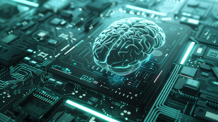 Artificial Intelligence: A computer circuit board is shown with a human brain superimposed on it, symbolizing the fusion of technology and organic intelligence. - obrazy, fototapety, plakaty