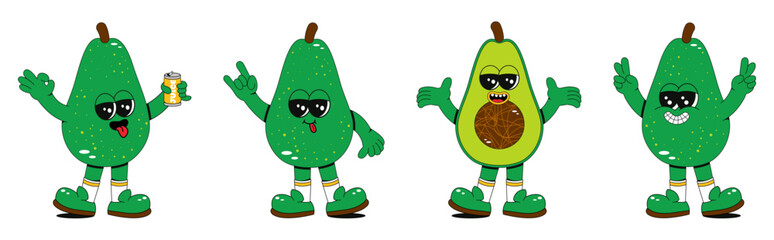 Funny avocado fruit character. Comic elements in a trendy retro groovy style. Vector illustration for stickers, posters, prints.