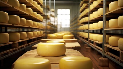 Cheese production, conveyor ,cheese factory. The round cheese is on the shelf. Natural products. - obrazy, fototapety, plakaty
