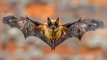 A detailed close-up of a bat in mid-flight against a blurred orange autumnal background, showcasing its wings