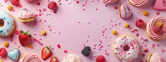 a pink background with donuts - obrazy, fototapety, plakaty