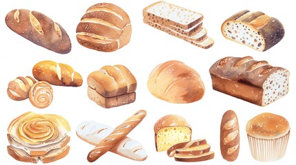 a bunch of breads and rolls on a white background