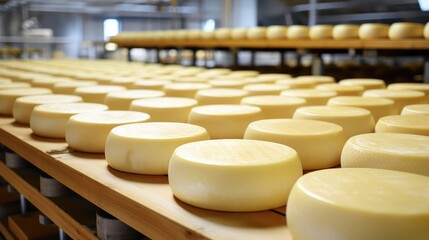 Fototapeta premium Cheese production, conveyor ,cheese factory. The round cheese is on the shelf. Natural products.