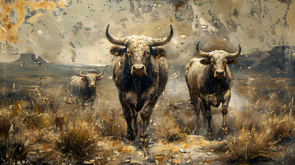 An impactful scene with bulls charging through a textured, abstract landscape, hinting at themes of power and motion
