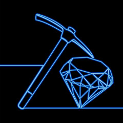 Search for diamonds in the mine with a pickaxe. extraction of jewelry icon neon glow concept