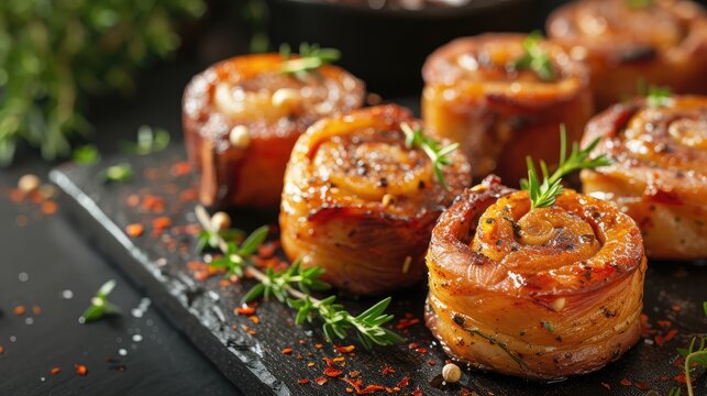 Rolls of baked meat. AI generative.