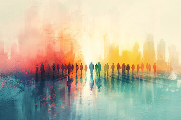 Abstract colorful backdrop with silhouetted figures walking