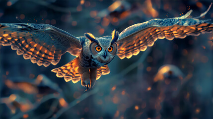 Grafika przedstawiająca sowę lecącą z rozpostartymi skrzydłami wykonane wieczorną porą - obrazy, fototapety, plakaty