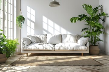 Bright modern living room with white sofa, floor lamp and green plant on wooden laminate. Scandinavian style, cozy interior background. Bright stylish room mockup. - obrazy, fototapety, plakaty