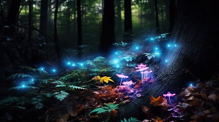 Fantastic fairy tale forest scene with glowing plants at night