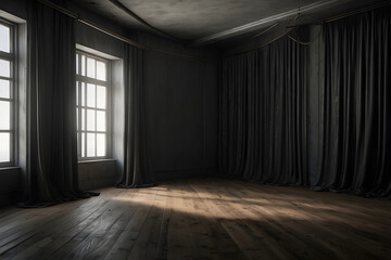 Old dark empty room with an empty wall mock-up and twisted curtains design. - obrazy, fototapety, plakaty