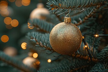 Close up view of beautiful fir branches with shiny golden bauble or ball, xmas ornaments and lights, Christmas holidays background. copy space. Decoration on christmas tree. Festive new 2023 year 