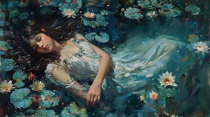 A dreamlike depiction of a woman floating gracefully amongst water lilies, evoking a sense of calm and introspection in a painterly style