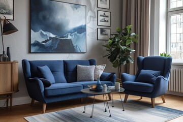 Dark blue sofa and recliner chair in scandinavian apartment. Interior design of modern living room. - obrazy, fototapety, plakaty