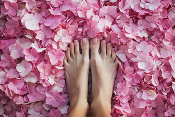 Bare feet standing amidst a carpet of lush pink hydrangea petals, symbolizing a connection with nature and tranquility