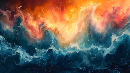 Intense warm and cool hues clash in a dynamic abstract representation of waves and fire - obrazy, fototapety, plakaty