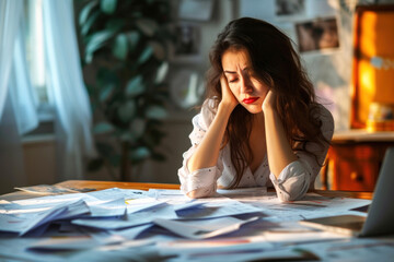 Fototapeta premium A worried woman doing financial planning surrounded by lots of paper
