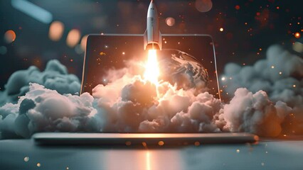 Rocket coming out of laptop screen, innovation and creativity concept, generative ai