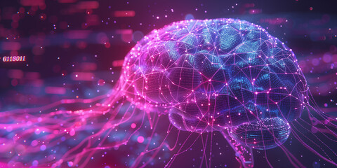 A brain with purple and blue colors and a pink background