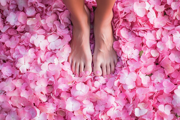 Bare feet standing amidst a carpet of lush pink hydrangea petals, symbolizing a connection with nature and tranquility