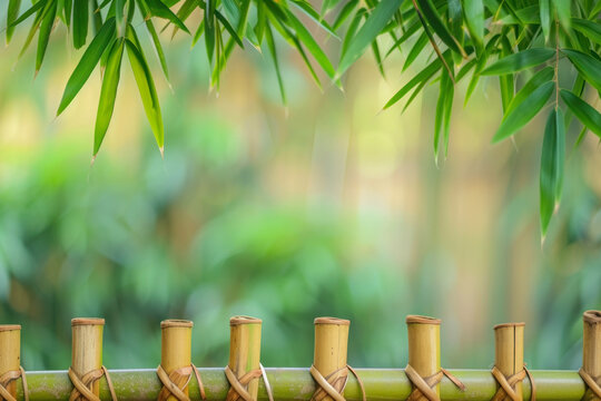 bamboo fence background, empty space surrounded with green bamboo leaves .