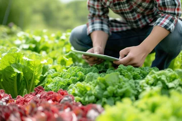 Foto op Plexiglas Close Up of a Young farmer using digital tablet inspecting fresh vegetable in organic farm. Agriculture technology © Anna