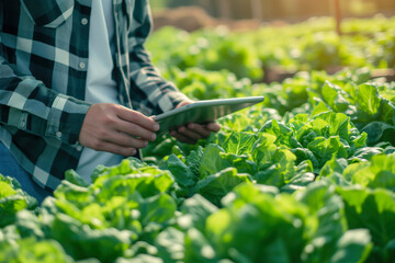 Close Up of a Young farmer using digital tablet inspecting fresh vegetable in organic farm. Agriculture technology