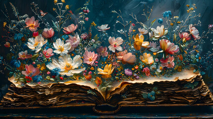 Vibrant floral artwork blossoming from the pages of an open book, depicting creative visual storytelling