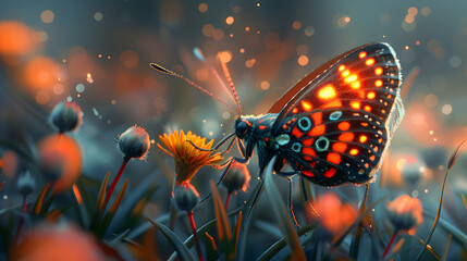 A delicate butterfly with patterned wings rests on small blue blossoms in a dreamy, soft-focus setting - obrazy, fototapety, plakaty