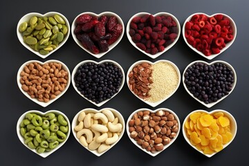 heart shaped dishes of high fiber healthy foods