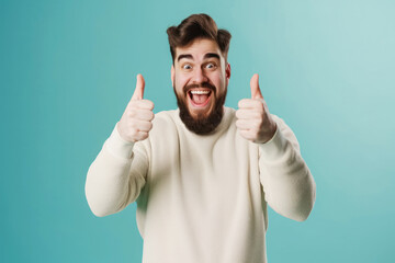 Young happy plump plus size man showing thumbs up isolated on plain blue background - obrazy, fototapety, plakaty