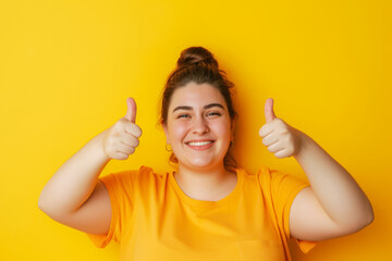 Young happy plump plus size woman showing thumbs up isolated on plain yellow background - obrazy, fototapety, plakaty