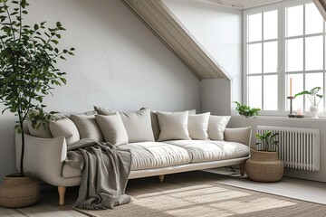 Grey attic living room interior with sofa