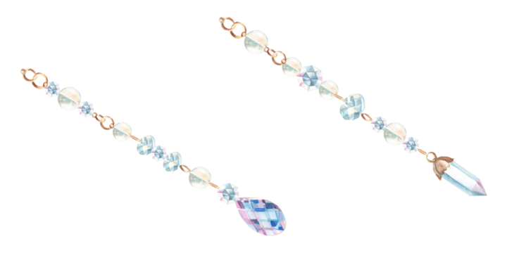 Set of jewelry threads or strings with crystals and glass beads isolated on white background. Hand drawn watercolor illustration. Design element for decoration, dream catchers, cards and prints. - Powered by Adobe