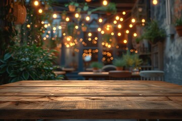 Naklejka na ściany i meble Image of wooden table in front of abstract blurred restaurant lights background.